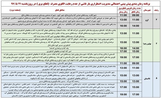 جدول خاموشی&zwnj;های برق استان قزوین در ۲۱ مرداد ماه