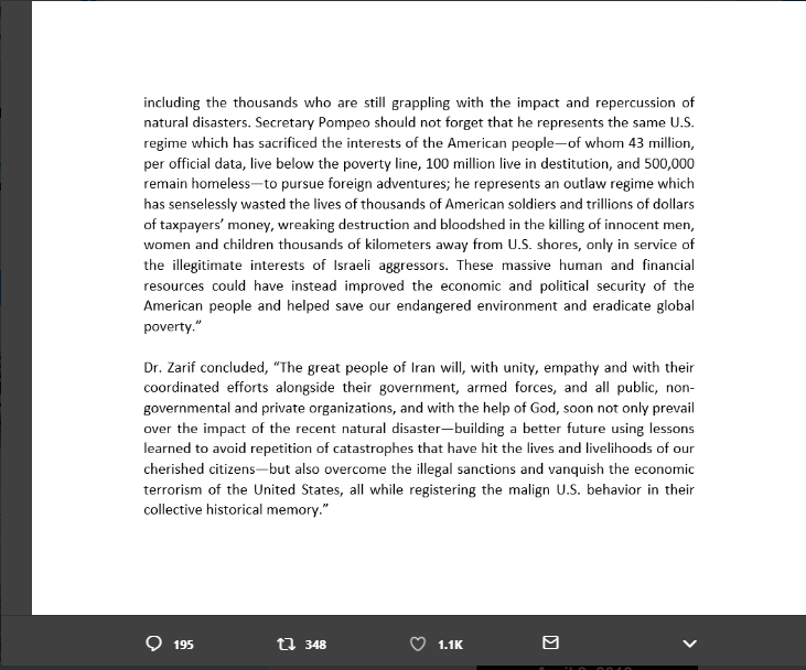 پاسخ دوباره ظریف به اظهارات وزیرخارجه آمریکا درباره سیل