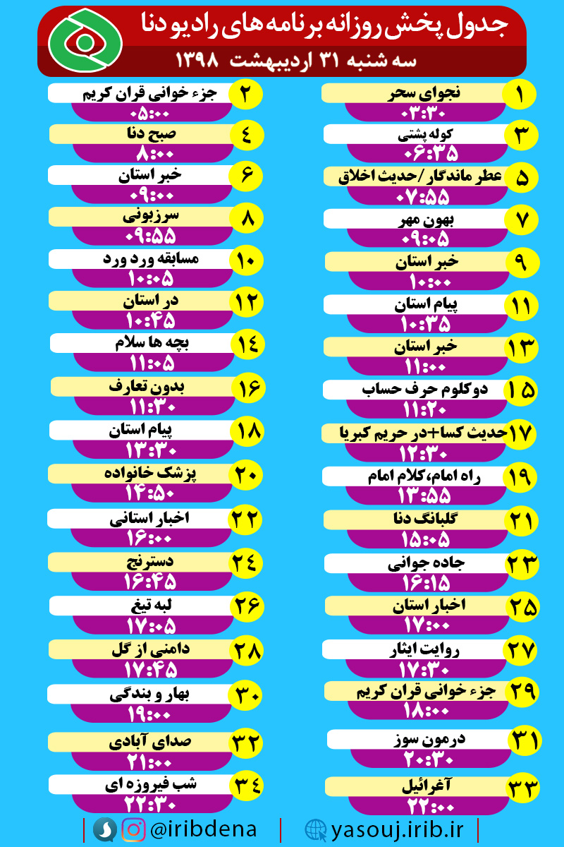 جدول پخش برنامه های امروز رادیوی دنا جدول پخش برنامه های امروز رادیوی دنا