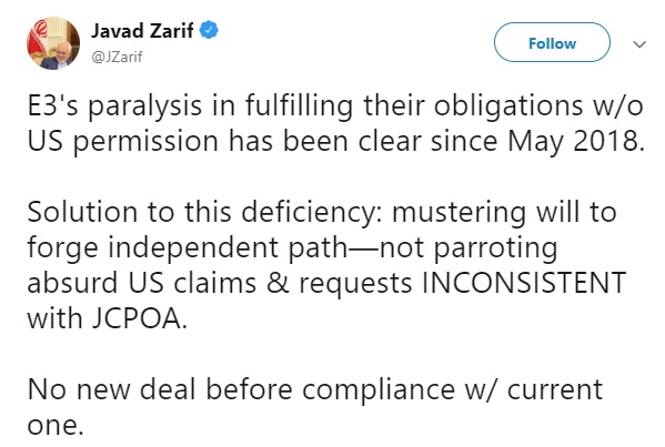 ظریف: اروپایی ها در عمل به تعهدات برجامی خود شکست خوردند