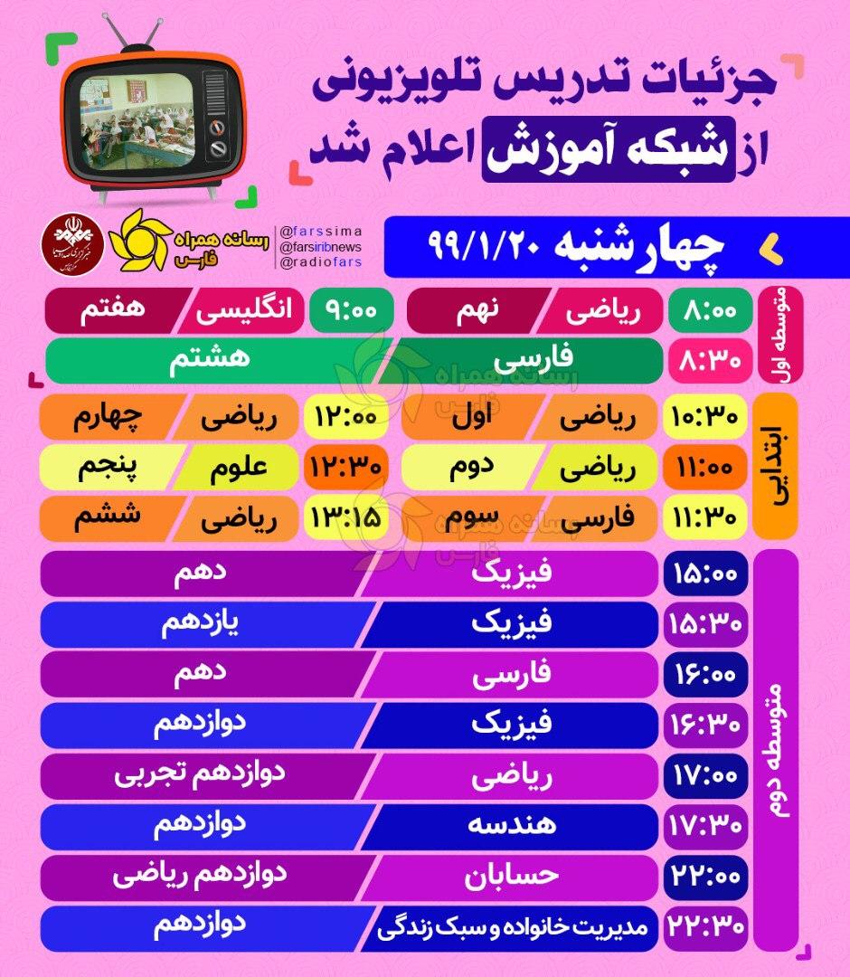 جدول زمانی پخش زنده دروس چهارشنبه