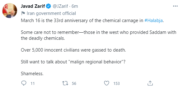 ظریف: عاملان کشتار حلبچه درباره رفتار مخرب منطقه‌ای حرف می‌زنند