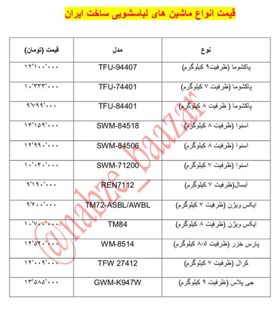 قیمت انواع ماشینهای لباسشویی ساخت ایران+ جدول