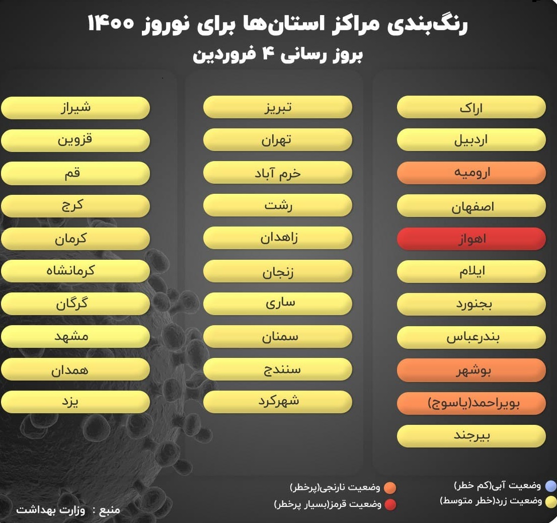 رنگ‌بندی جدید شهرهای کشور اعلام شد