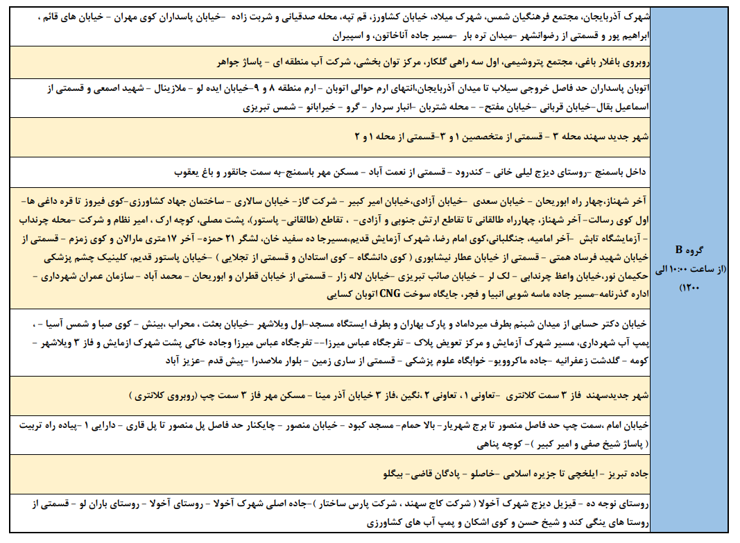 اعلام برنامه خاموشی‌های تبریز، آذرشهر و اسکو