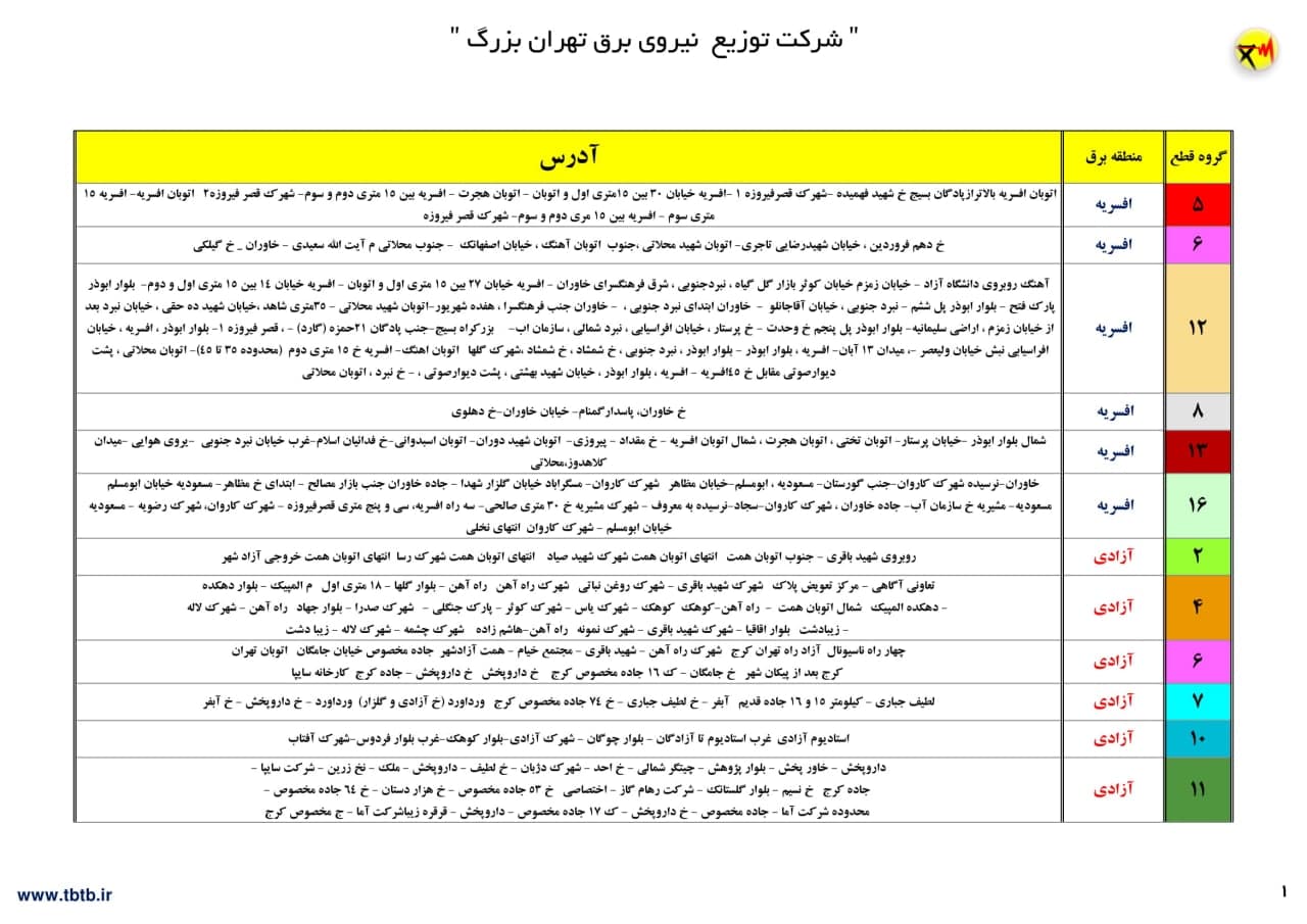 جدول خاموشی‌های تهران از ۱۲ تا ۱۷ تیر ۱۴۰۰