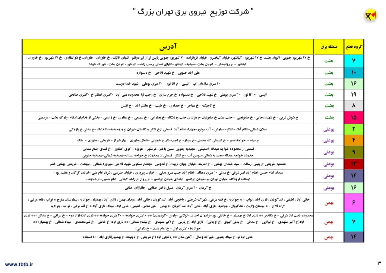 جدول خاموشی‌های تهران از ۱۲ تا ۱۷ تیر ۱۴۰۰