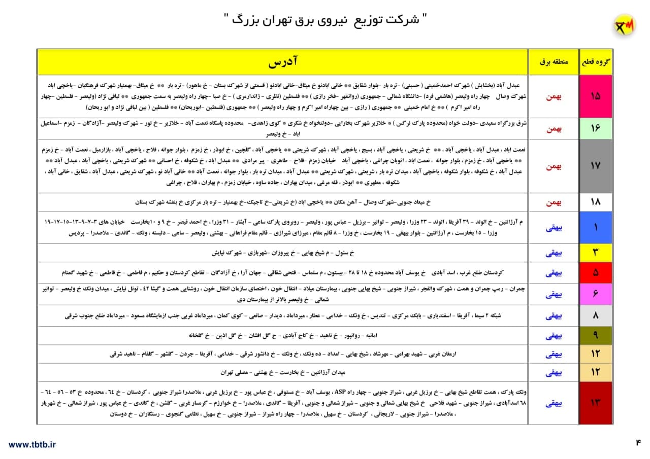 جدول خاموشی‌های تهران از ۱۲ تا ۱۷ تیر ۱۴۰۰