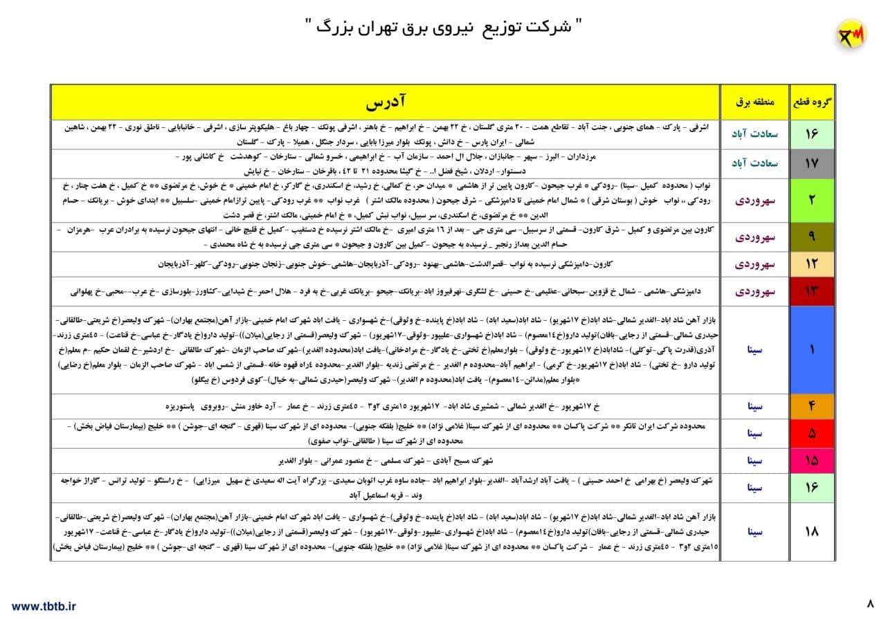 جدول خاموشی‌های تهران از ۱۲ تا ۱۷ تیر ۱۴۰۰