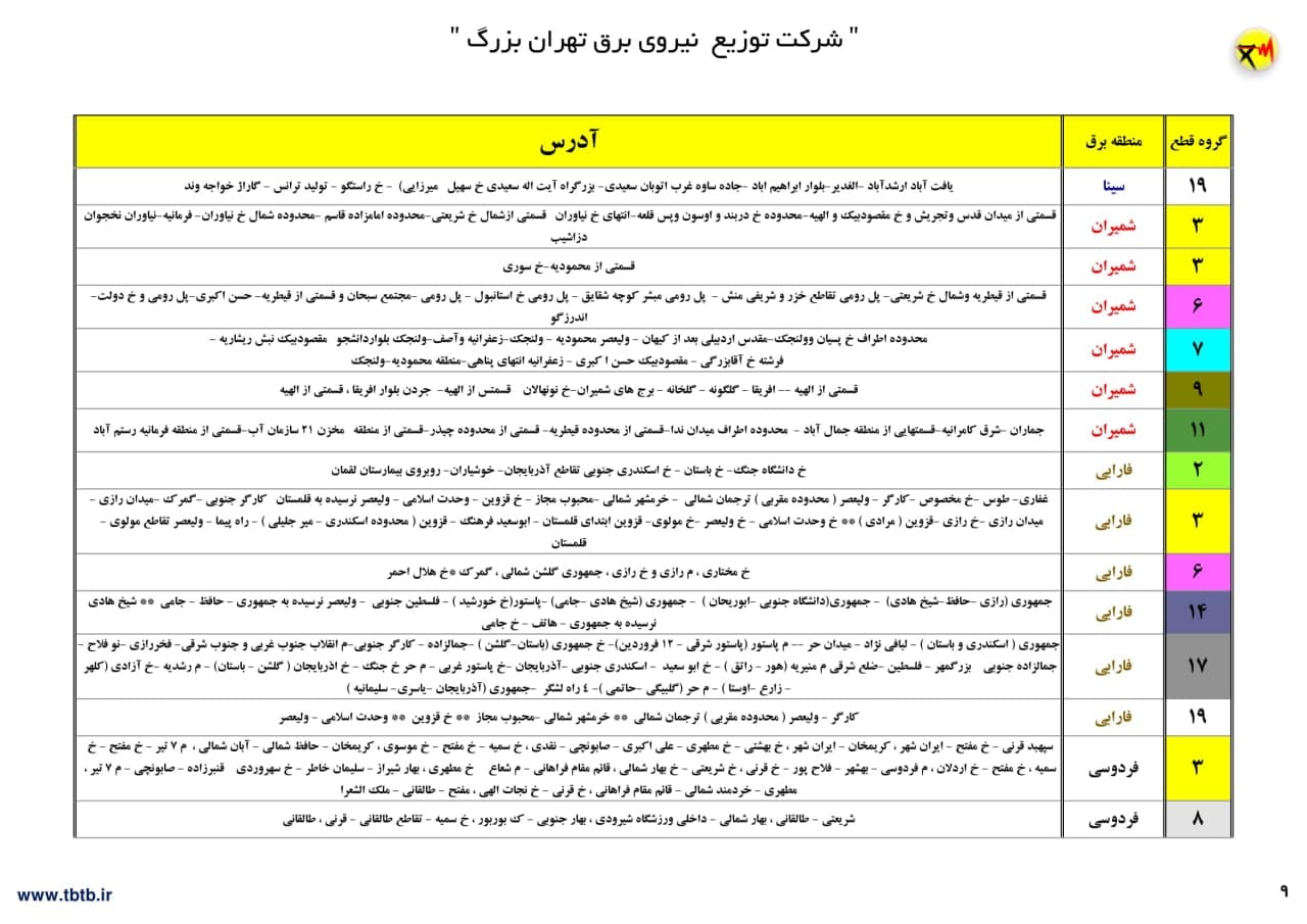 جدول خاموشی‌های تهران از ۱۲ تا ۱۷ تیر ۱۴۰۰