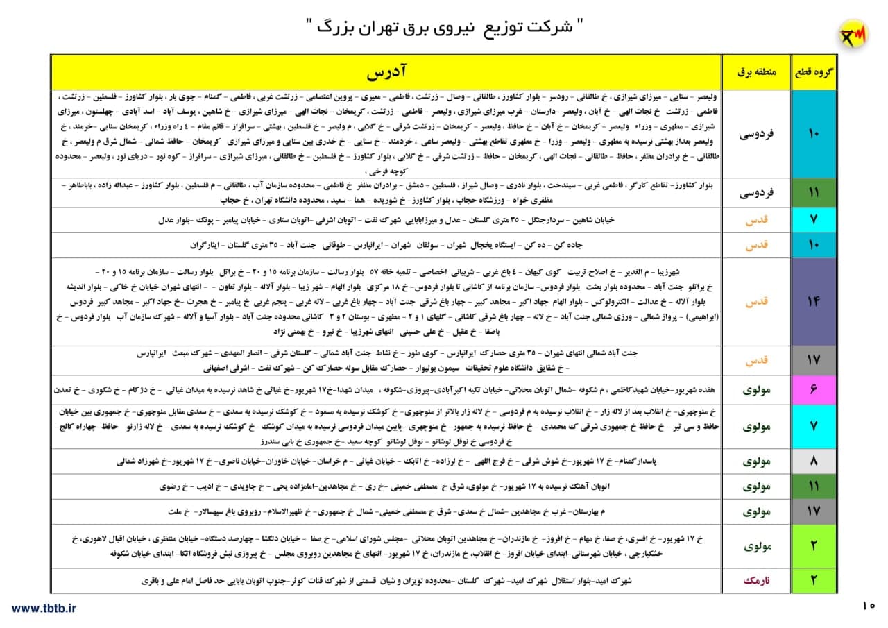 جدول خاموشی‌های تهران از ۱۲ تا ۱۷ تیر ۱۴۰۰