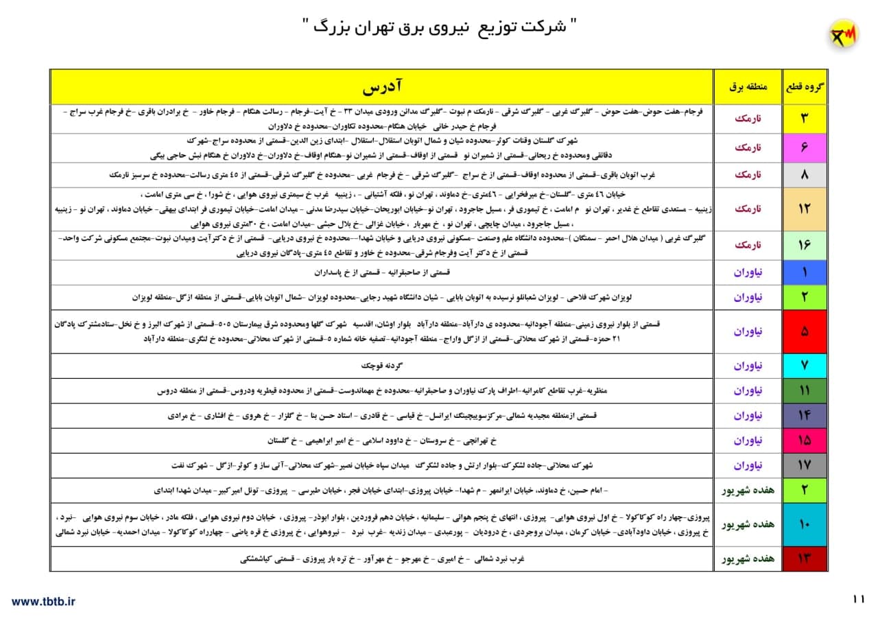 جدول خاموشی‌های تهران از ۱۲ تا ۱۷ تیر ۱۴۰۰
