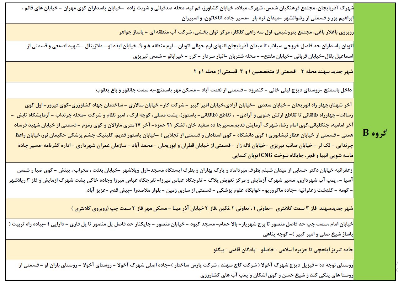 اعلام برنامه خاموشی‌های تبریز، آذرشهر و اسکو