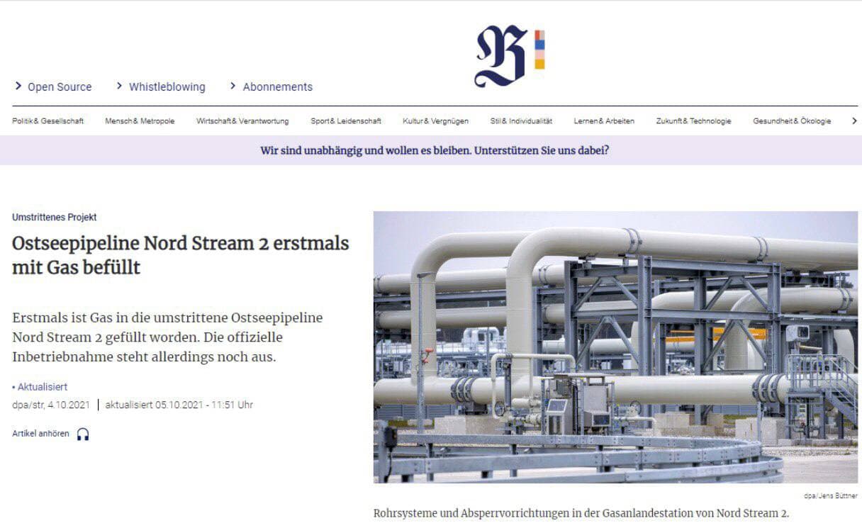 انتقال گاز به آلمان از طریق نورد استریم ۲