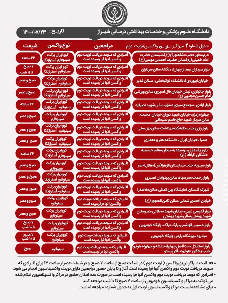 اعلام مراکز واکسیناسیون کرونا در شیراز؛ ۲۳ مهر