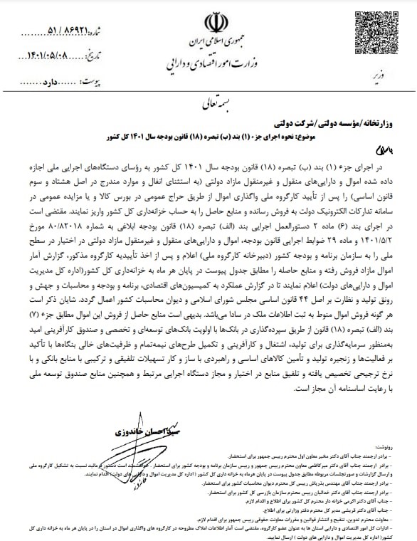 ابلاغ فروش اموال مازاد دولتی در بورس کالا