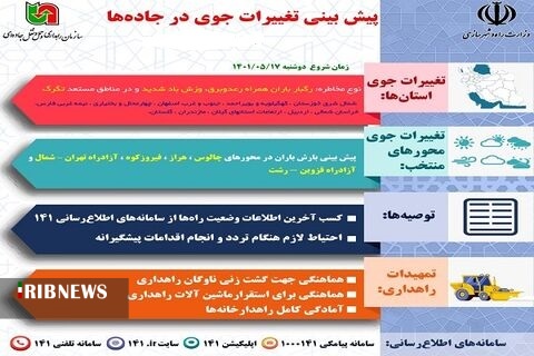 پیش‌بینی تغییرات جوی در جاده‌ها برای امروز دوشنبه