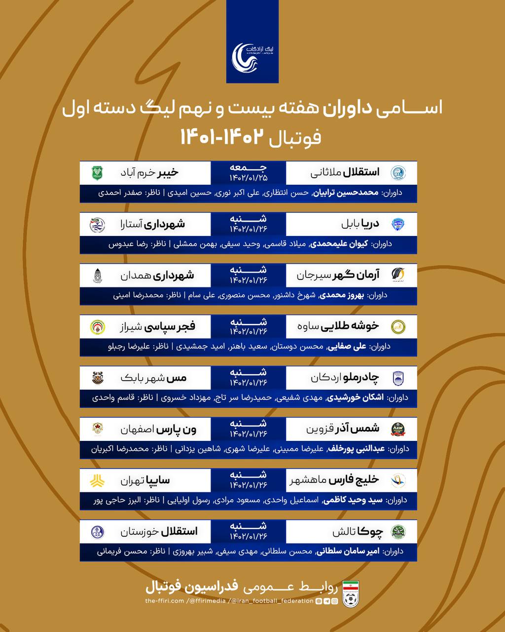 اسامی داوران هفته بیست و نهم لیگ یک فوتبال