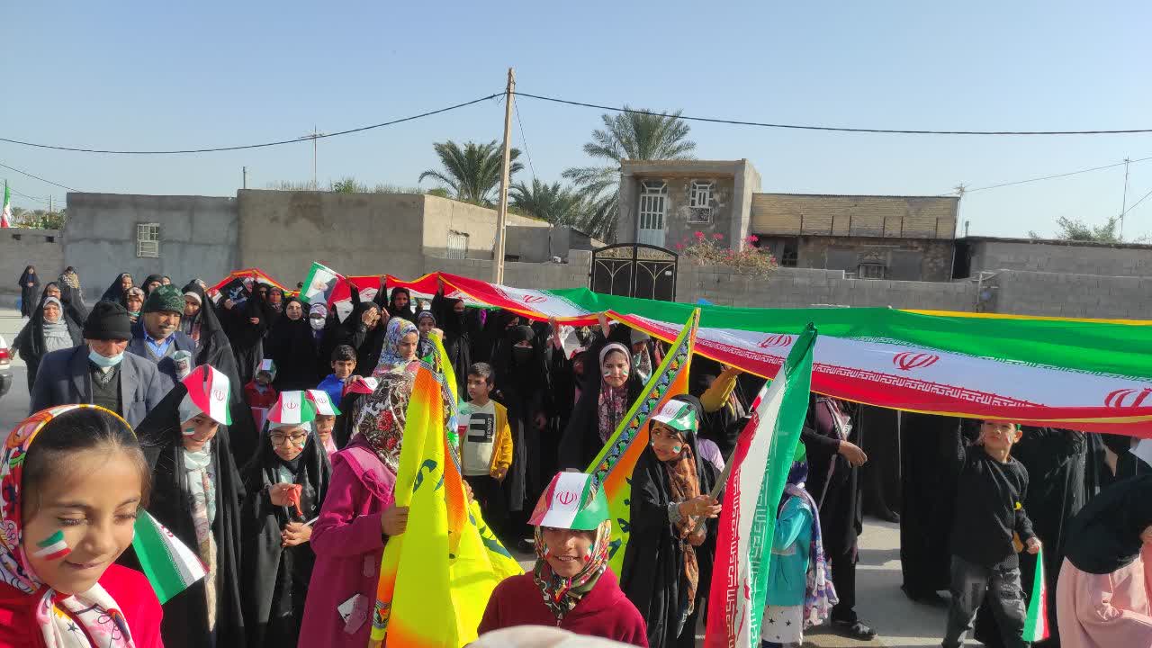سلام  وقت بخیر  ابراهیم دشتی هستم  تصاویر راهپیمایی ۲۲ بهمن ۱۴۰۱  استان بوشهر _ دهکده قرآنی چارک