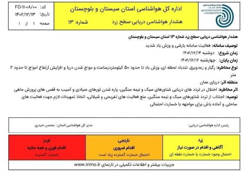فعالیت سامانه بارشی به همراه وزش باد شدیدسیستان و بلوچستان