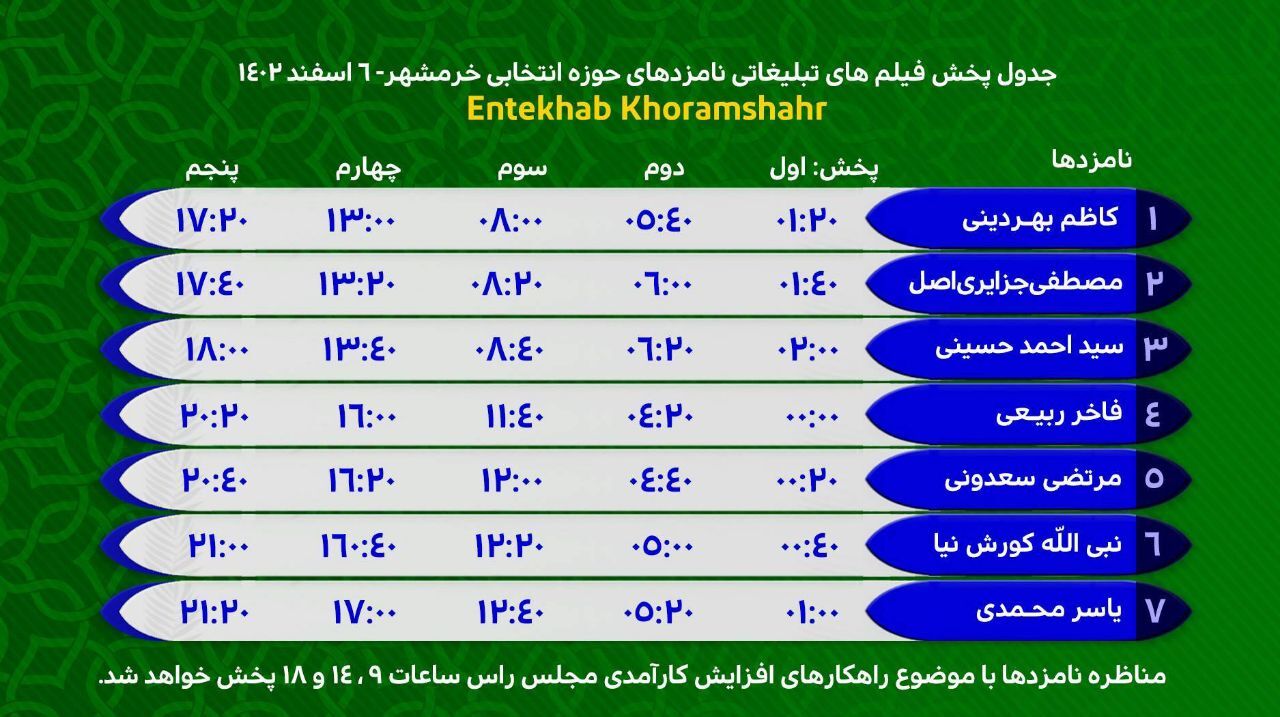 زمان پخش تبلیغات تلویزیونی نامزد‌های مجلس در آبادان و خرمشهر
