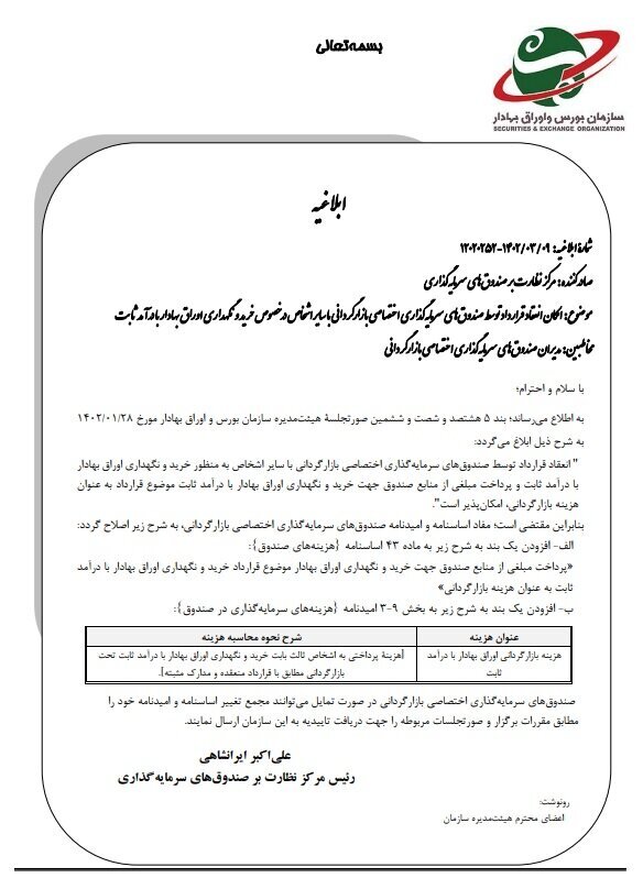 ابلاغیه جدید سازمان بورس به صندوقهای سرمایهگذاری بازارگردانی ابلاغیه جدید سازمان بورس به صندوقهای سرمایهگذاری بازارگردانی