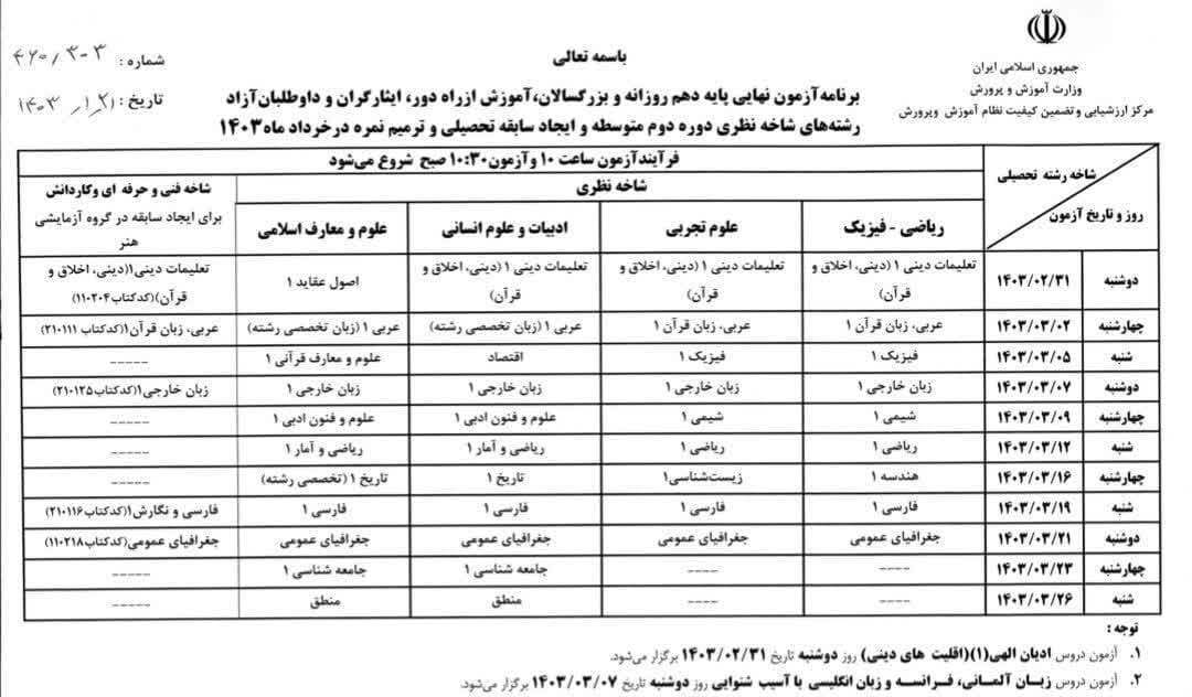 اعلام زمان امتحانات نهایی پایههای دهم، یازدهم و دوازدهم اعلام زمان امتحانات نهایی پایههای دهم، یازدهم و دوازدهم