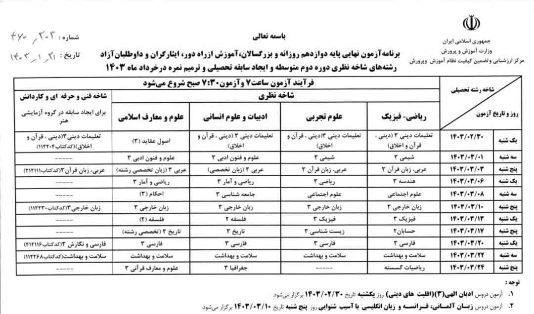 اعلام زمان امتحانات نهایی پایههای دهم، یازدهم و دوازدهم اعلام زمان امتحانات نهایی پایههای دهم، یازدهم و دوازدهم