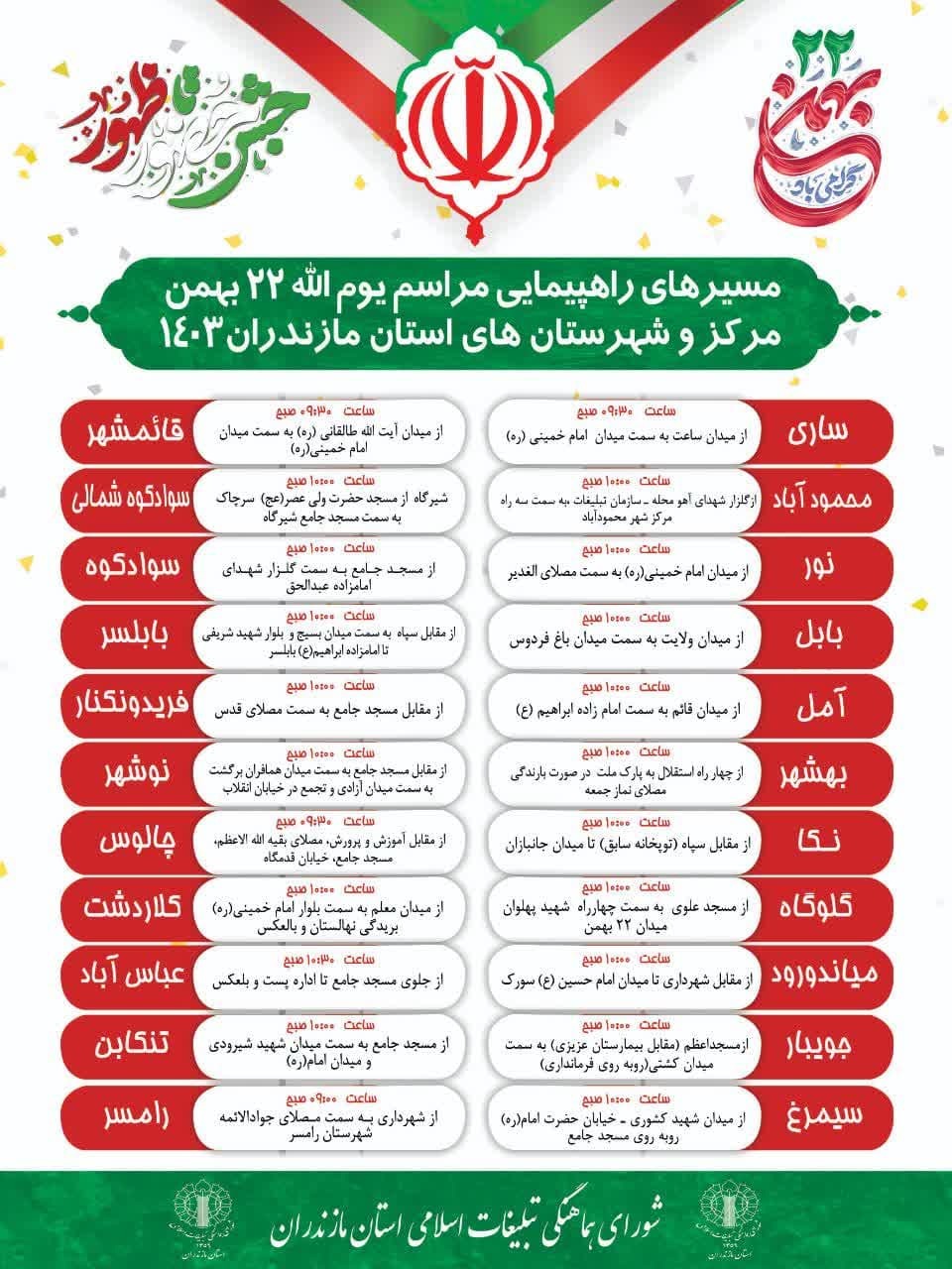 اعلام مسیرهای راهپیمایی یوم الله ۲۲ بهمن در استان مازندران اعلام مسیرهای راهپیمایی یوم الله ۲۲ بهمن در استان مازندران