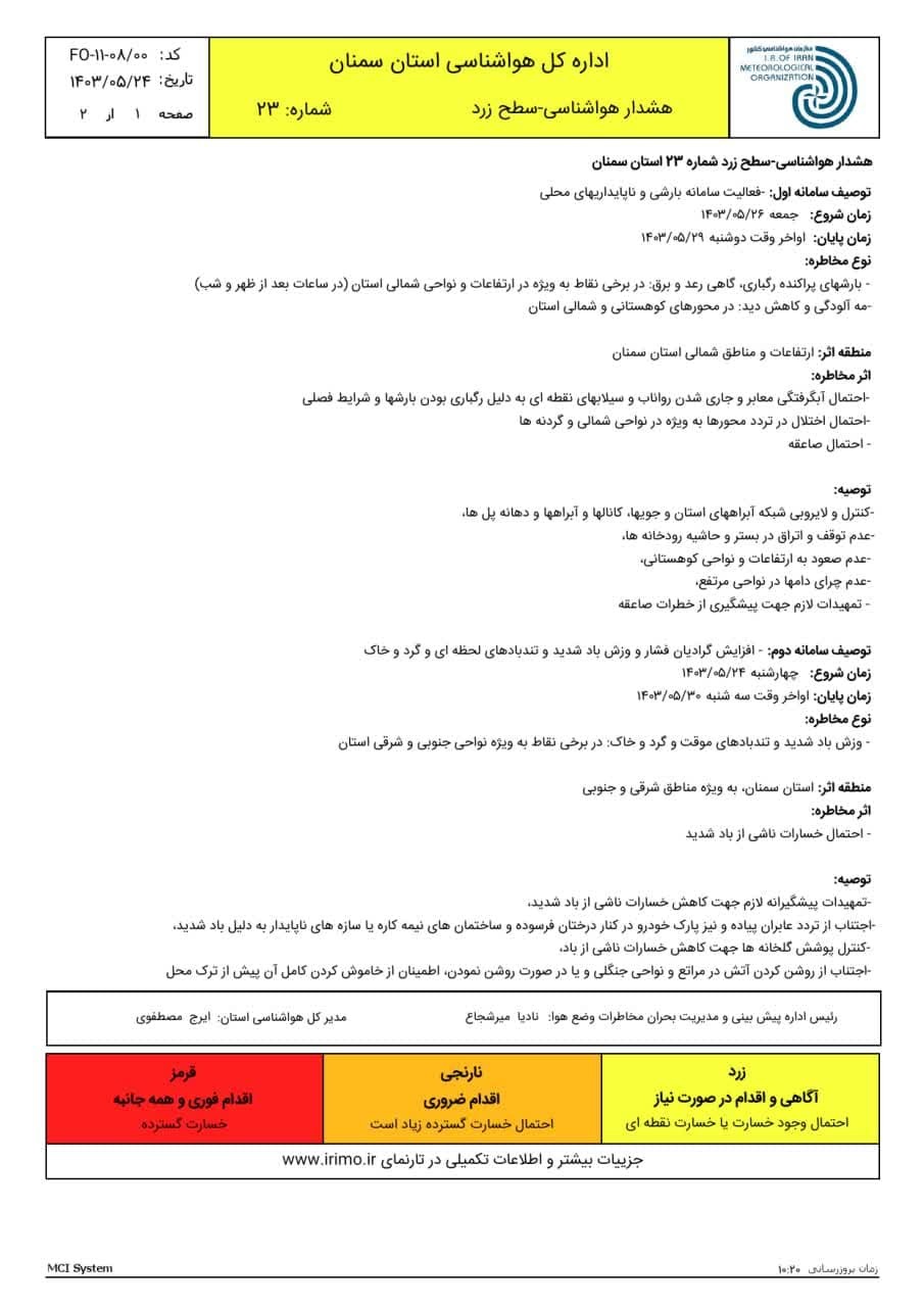 اعلام هشدار زرد هواشناسی در سمنان اعلام هشدار زرد هواشناسی در سمنان
