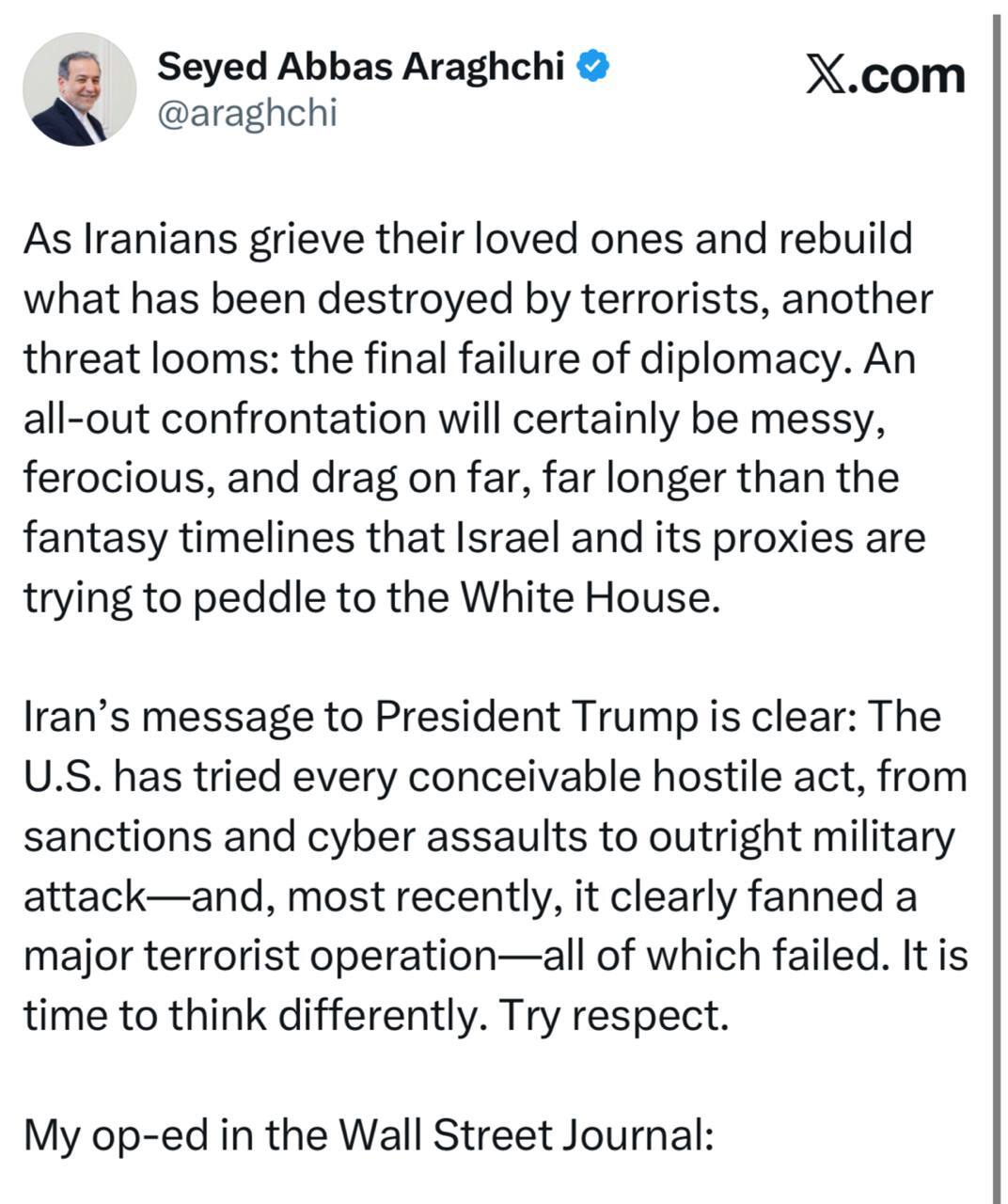 هشدار عراقچی به کاخ سفید درباره پیامد‌های رویارویی با ایران