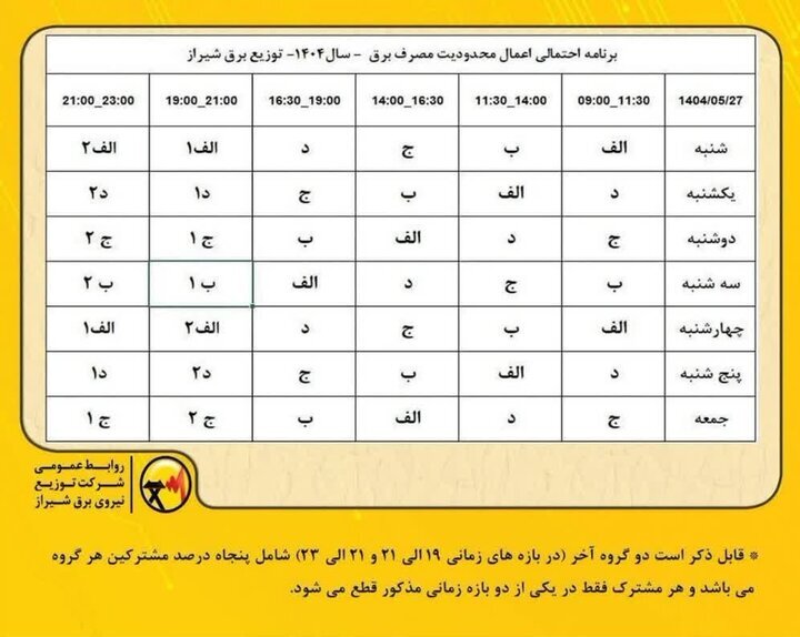 اعلام جدول جدید محدودیتهای مصرف برق در شیراز اعلام جدول جدید محدودیتهای مصرف برق در شیراز
