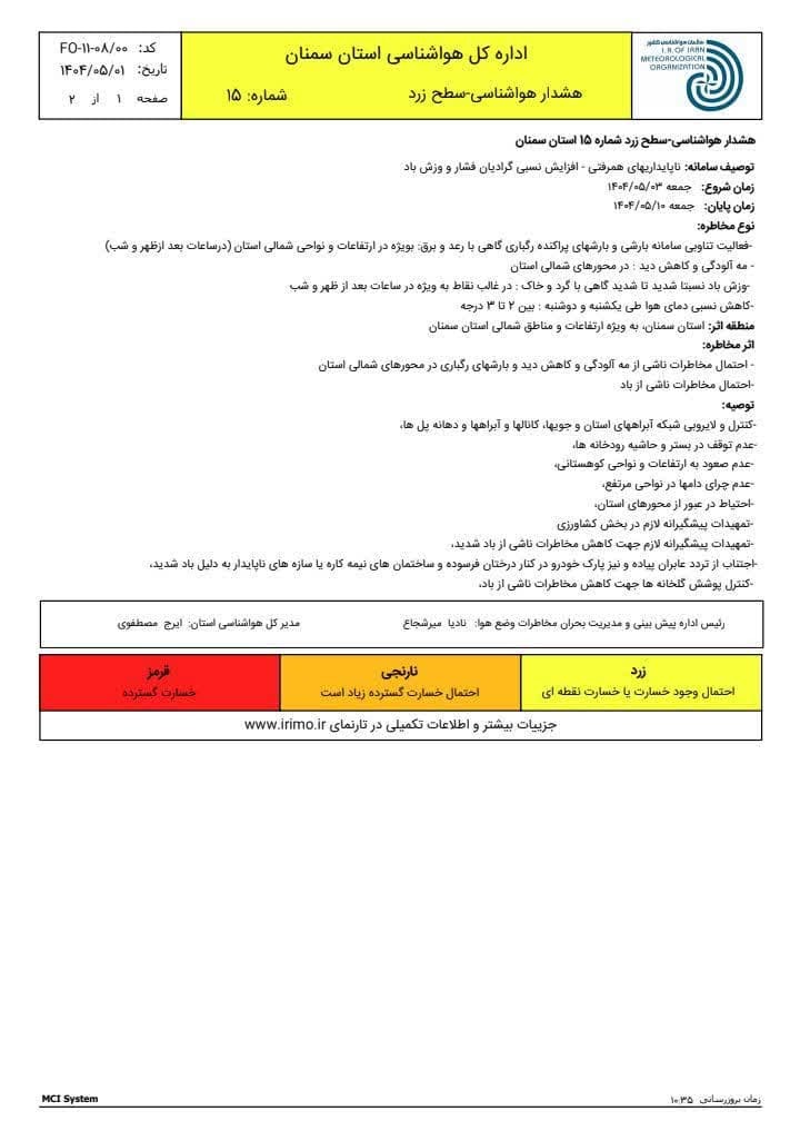 اعلام هشدار زرد هواشناسی در استان سمنان