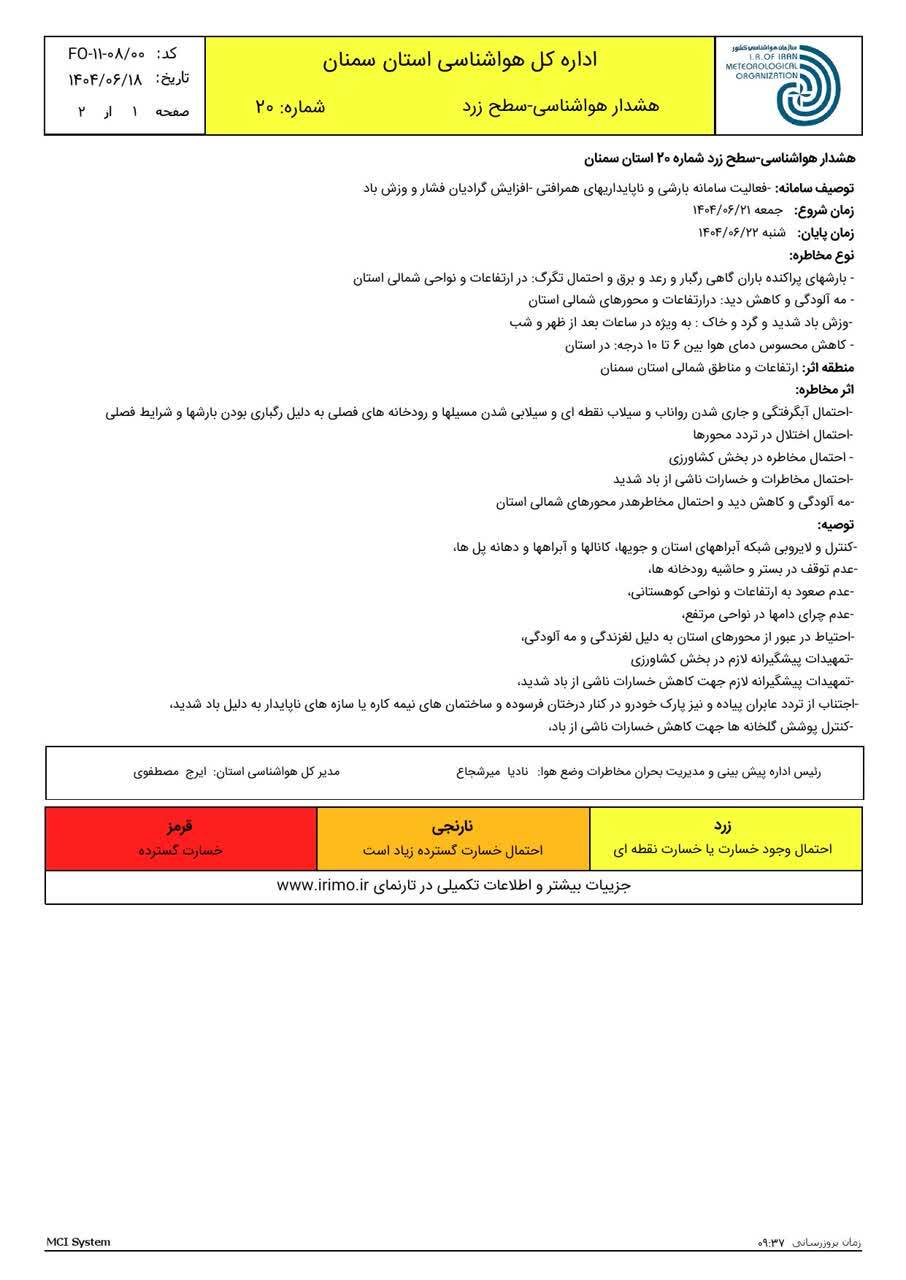 اعلام هشدار زرد هواشناسی در سمنان