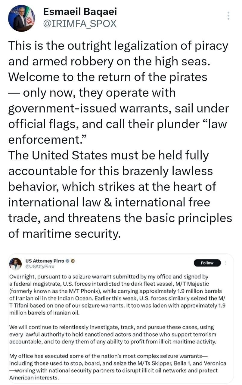 بقائی: غارت کشتی‌های حامل نفت ایران، دزدی دریایی است